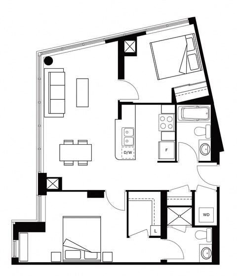 Floor plan for 2 beds, 2 baths, 875 sqft